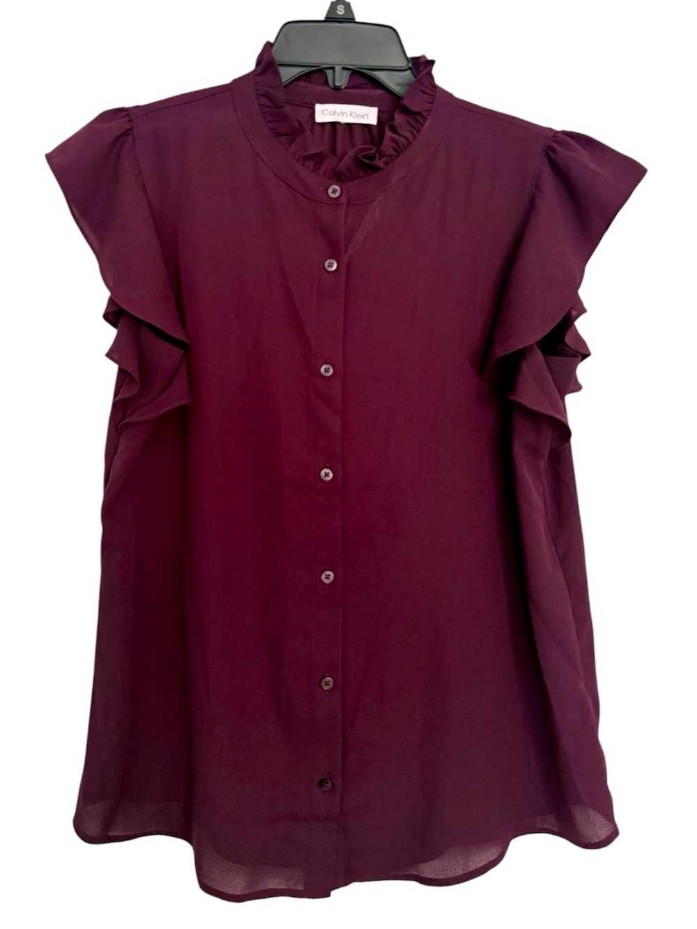 Calvin Klein Women's Ruffle Sleeve Button-Front Top in Plum